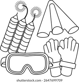 Monochrome Winter Sports Gear Collection Outline Featuring Gloves, Goggles, Firecrackers, and Bandana, Perfect for DIY Crafts and Coloring Pages