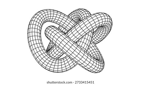 Monochrome wireframe grid abstract knot shape in perspective, abstract geometric 3D spiral with clean lines and depth, minimal tech style, futuristic background concept for design and visualization