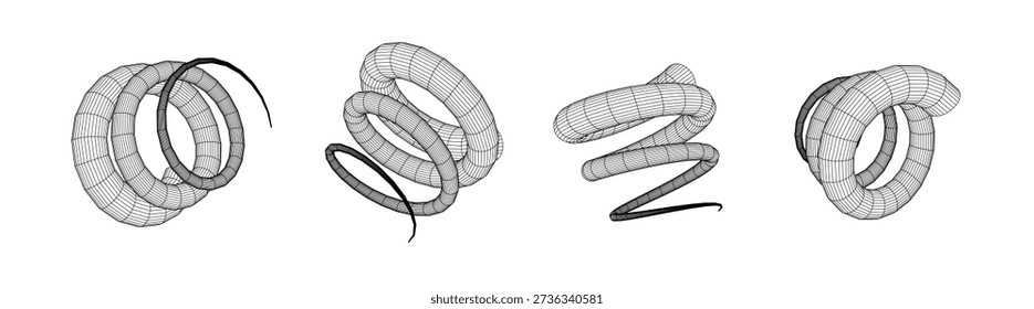 Monochrome wireframe grid abstract shape in perspective, abstract geometric 3D spiral with clean lines and depth, minimal tech style, futuristic background concept for design and visualization modern