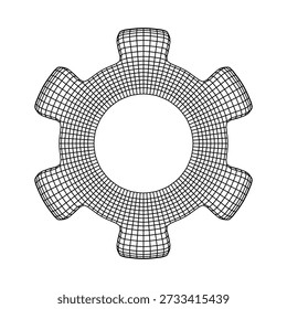 Monochrome Drahtgitter-Getriebeform, abstrakter geometrischer Zahnkranz mit klaren Linien und Tiefe, minimaler Tech-Stil, futuristisches Hintergrundkonzept für Design und Visualisierung modern
