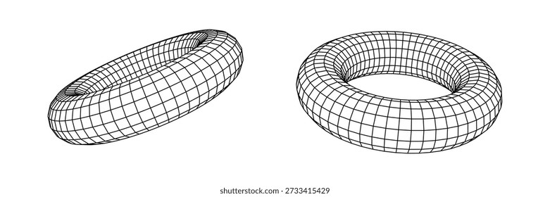 Monochrome wireframe grid torus shape in perspective, abstract geometric 3D shape with clean lines and depth, minimal tech style, futuristic background concept for design and visualization modern