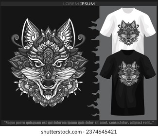 Monochrome Wolf head mandala arts isolated on black and white t shirt.