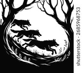 Monochrome Wolves Running Through Forest Underneath Bare Branches Artistic Composition Dark Aesthetic Sharp Contrast Stark Visuals