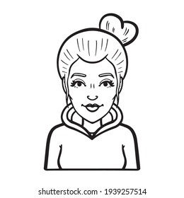 monochrome woman with hoodie and bun. comic, avatar, upper body, emotion.