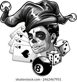 Monochrome woman Joker with card, eight ball and dice. vector illustration on white background