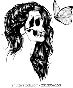 monochrome woman skull with butterfly vector illustration