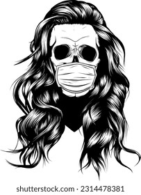 monochrome woman Skull with medical mask. Vintage vector illustration on white background