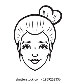 monochrome women head with bun. monochrome, avatar, comic.