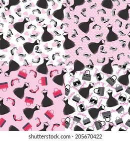 Monochrome women's Little black dress, shoes,hearts.Black and white graphics on soft pink 	 background. Use as fabrics / Wallpaper / background / wrapping paper.Vector   