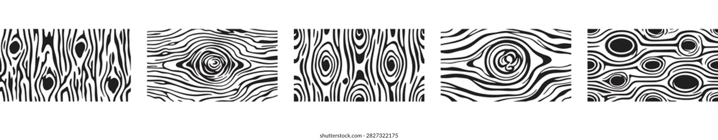 Monochrome wood grain vector patterns with organic line textures and natural knots for background design and illustrations