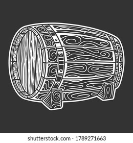 Monochrome wooden barrel, retro style vector. Isolated on black background.