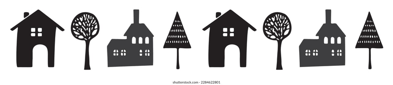 Monochrome woodland village bordure, edging of woodland cottage trim for forest linear strip. 