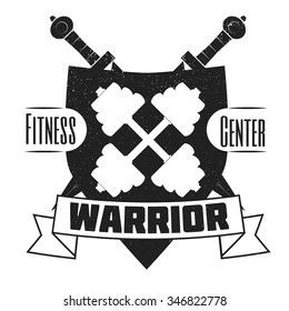 Monochrome workout fitness emblem, label, badge, logo and designed element for your projects, prints, cards, invitations.