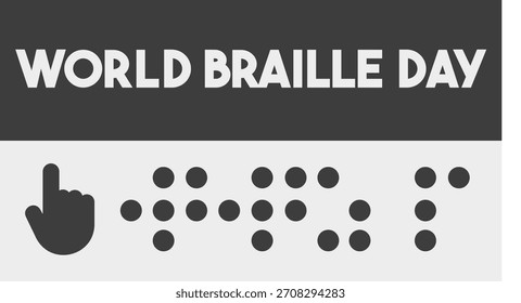 Gráfico monocromo del Vector del Día Mundial del Braille con un ícono de mano que lee puntos en braille y texto en negrita en un Anuncio gris. Concepto de discapacidad visual, educación, conciencia global o derechos de las personas con discapacidad 