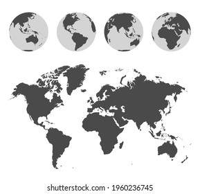 Monochrome world map and Earth globes set. Earth planets with all continents in grey colors. Travel around the world concept vector illustration isolated on white background