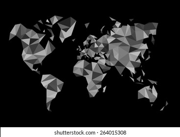 monochrome world map made in the style of polygon drawing black white