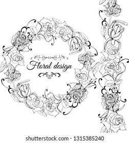 Monochrome wreath and endless brush with rose flowers  with leaves and twirls isolated on white background. Hand drawn ink sketch. Vector illustration.