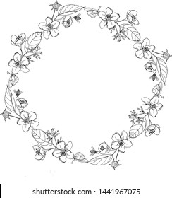 
Monochrome wreath of flowers, leaves and bees. Vector illustration on isolated background