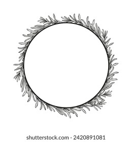 monochrome wreath with hand drawn vector illustration of rosemary brunch, black and white inked sketch of herb, spice plant isolated on white background