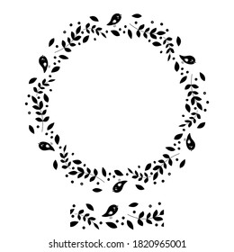  Monochrome wreath with herbs and birds isolated on white background. Simple and decorative garland with endless border. Vector illustration