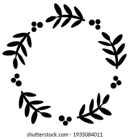 Monochrome wreath of holly. Isolated black wreath on a white background. For decorating postcards, wedding invitations, New Year's cards. Vector illustration.