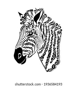 Monochrome zebra. Stripes of patterns. Abstraction. . Head to profile graphics. Vector illustration