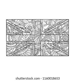 Monochrome zentangle flag of Great Braitain. Adult colouring book page filled with floral pattern