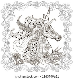 Monochrome zentangle style sketch of unicorn head in floral frame with lush mane stock vector illustration for web, for print