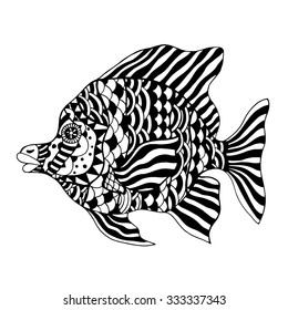 Monochrome Zentangle stylized Fish. Hand Drawn doodle vector illustration isolated on white background. Sketch for tattoo or makhenda. Sea food collection.