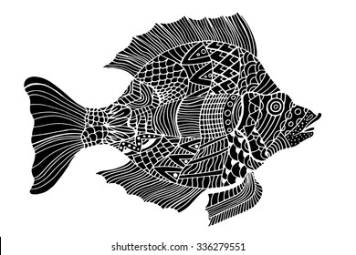 Monochrome Zentangle stylized Fish. Hand Drawn doodle vector illustration isolated on white background. Sketch for tattoo or makhenda. Sea food collection.