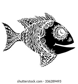 Monochrome Zentangle stylized Fish. Hand Drawn doodle vector illustration isolated on white background. Sketch for tattoo or makhenda. Sea food collection.