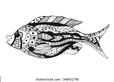 Monochrome Zentangle stylized Fish. Hand Drawn doodle vector illustration isolated on white background. Sketch for tattoo or makhenda. Sea food collection.