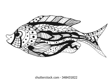 Monochrome Zentangle stylized Fish. Hand Drawn doodle vector illustration isolated on white background. Sketch for tattoo or makhenda. Sea food collection.
