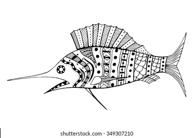 Monochrome Zentangle stylized Fish. Hand Drawn doodle vector illustration isolated on white background. Sketch for tattoo or makhenda. Sea food collection.
