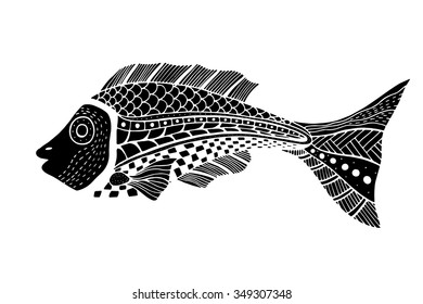 Monochrome Zentangle stylized Fish. Hand Drawn doodle vector illustration isolated on white background. Sketch for tattoo or makhenda. Sea food collection.
