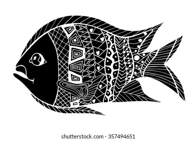 Monochrome Zentangle stylized Fish. Hand Drawn doodle vector illustration isolated on white background. Sketch for tattoo or makhenda. Sea food collection.