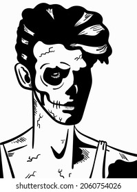 Monochrome zombie face vector illustration. Zombie man. Hand drawn vector art.