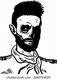 Monochrome zombie face vector illustration. Zombie man. Hand drawn vector art.