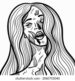 Monochrome zombie face vector illustration. Zombie woman. Hand drawn vector art.