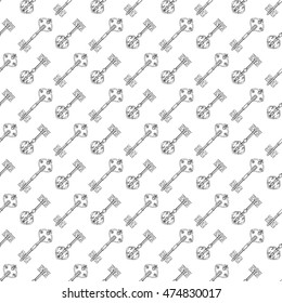 Monochromic diagonal seamless pattern with hand drawn inky keys. Vector illustration