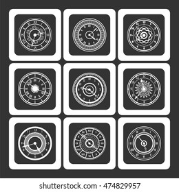 Monochromic ornamental watches icons set vector illustration