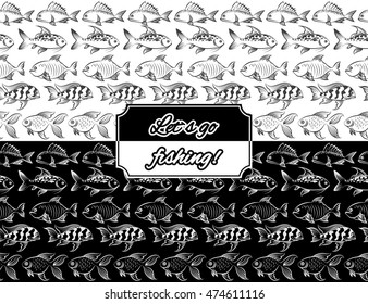 Monochromic seamless borders set with hand drawn fish vector