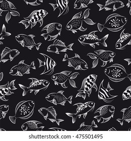 Monochromic seamless pattern with hand drawn fish vector