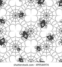 Monochromic seamless pattern with spiders and spider web. Halloween pattern vector illustration