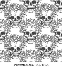 Monochromic vector skull sketch seamless pattern. Romantic skull and flowers background