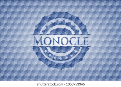 Monocle blue emblem with geometric background.