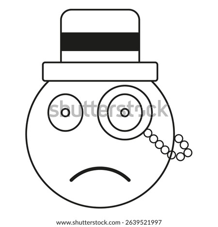 Monocle face icon. Sad emoji expression. Vector retro character. Hat and monocle.