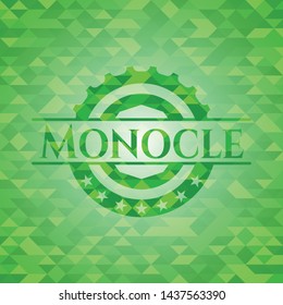 Monocle green emblem with triangle mosaic background. Vector Illustration. Detailed.