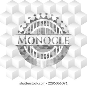 Monocle retro style grey emblem with geometric cube white background. 
