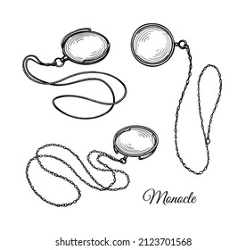 Monocles. Vintage lens. Ink sketch set isolated on white background. Hand drawn vector illustration. Retro style.